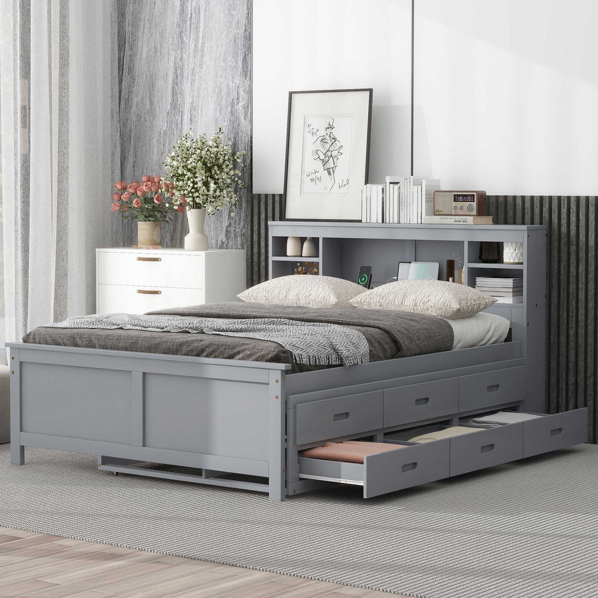 Platform Bed With Storage Headboard, USB, Trundle And 3 Drawers, photo 19 of 28