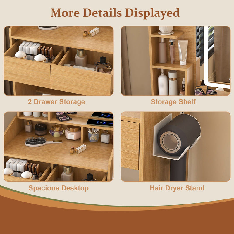 Vanity Table With LED Mirror, Power Outlet, Hairdryer Holder & Padded Stool by HouseOfZazla
