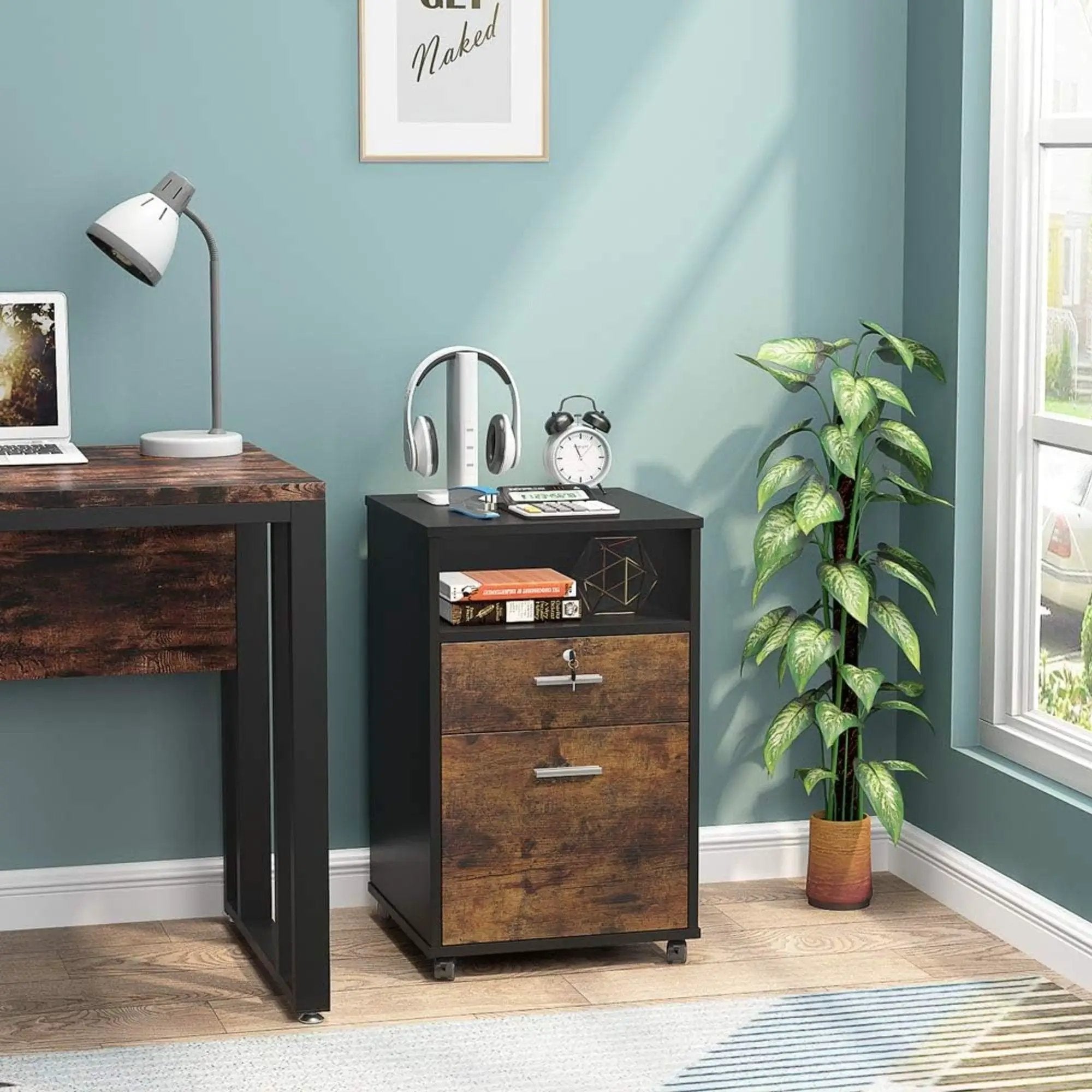 2 Drawer Mobile File Cabinet With Lock, Rolling Printer Stand For Letter Size Files - Black / Brown