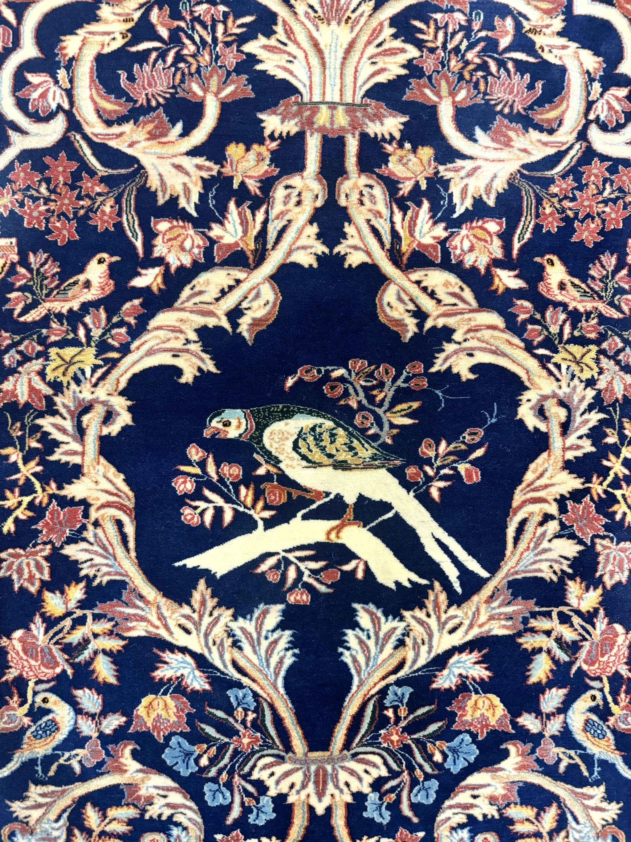 Persian Isfahan Rug 2x4, Birds, Navy Blue, Kork Wool on Silk Foundation, 460 KPSI by Jewel Rugs