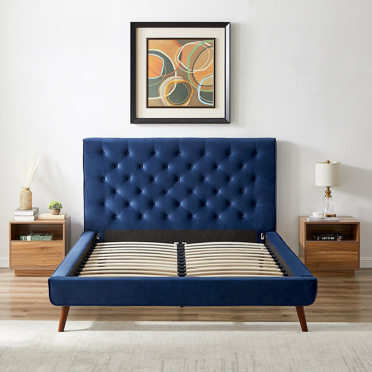 Mid-Century Platform Bed with Tufted Headboard - Blue, photo 7 of 14
