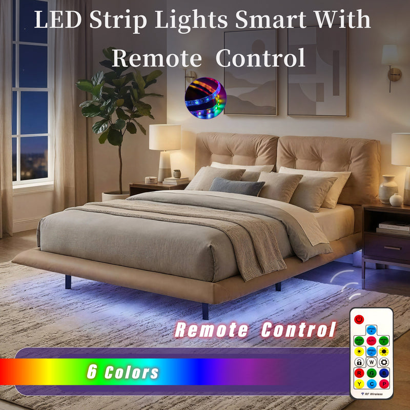 Queen Size Upholstered Floating Bed Frame with LED Lights, Khaki by HouseOfZazla