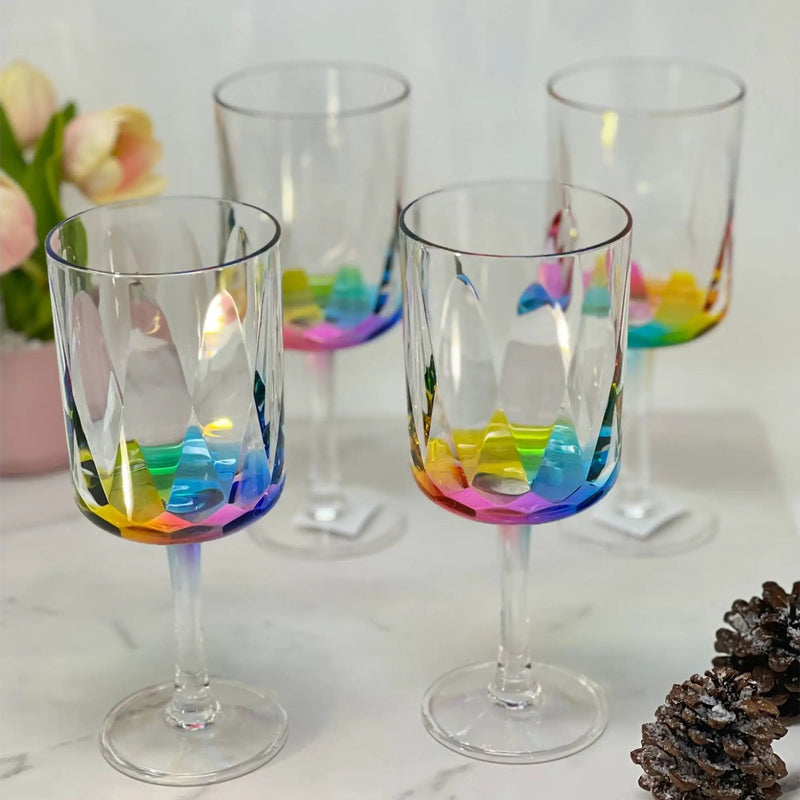 Leadingware Rainbow Diamond Plastic Wine Glasses (Set of 4), Unbreakable Bpa Free Acrylic, 16Oz - Clear by HouseOfZazla