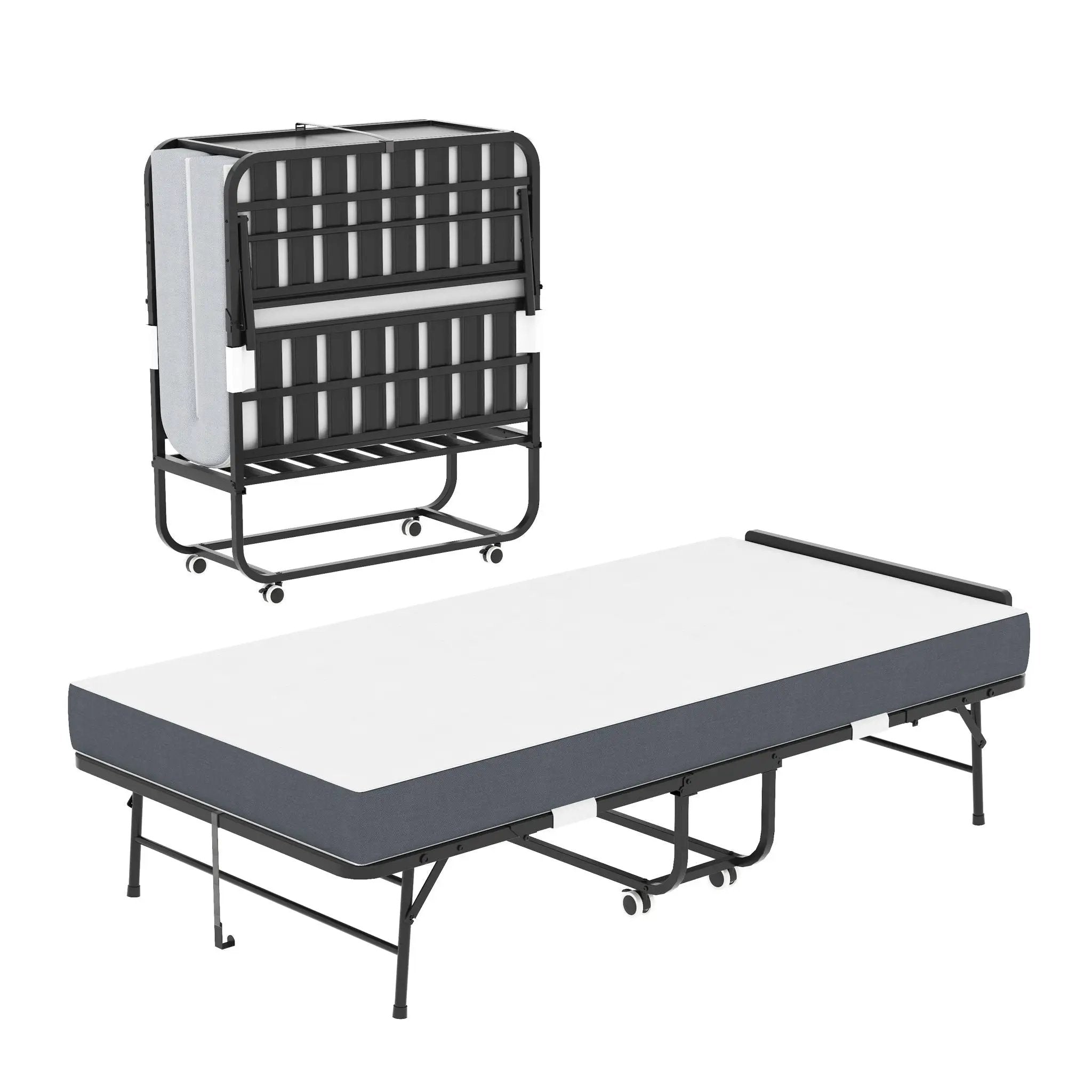 Twin Folding Bed With Adjustable Headboard, Memory Foam For Tall People, Heavy-Duty Portable On Wheels, Easy Assembly - Black by Unique Piece Furniture