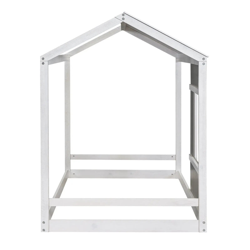 Twin Size House Platform Bed With Roof And Window - Natural / White by HouseOfZazla