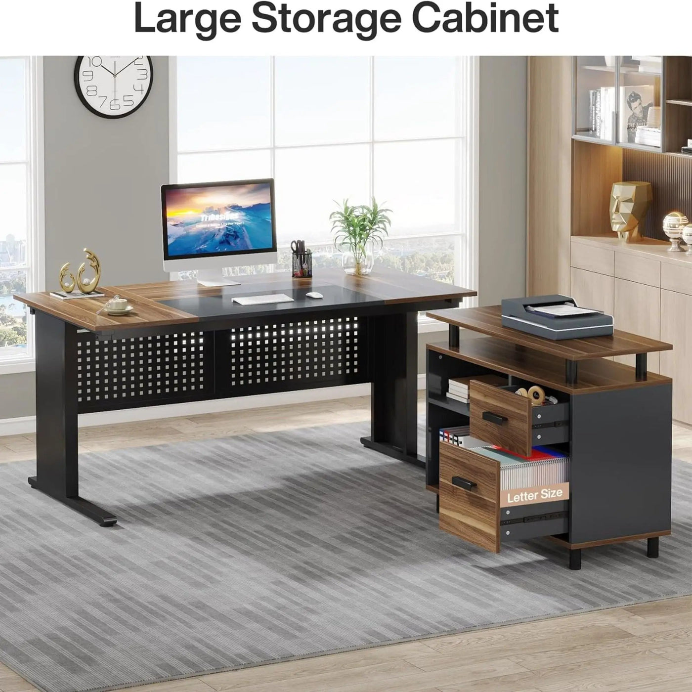 L-Shaped Executive Desk With File Cabinet, Office Workstation With Drawers, Shelves & Storage by HouseOfZazla