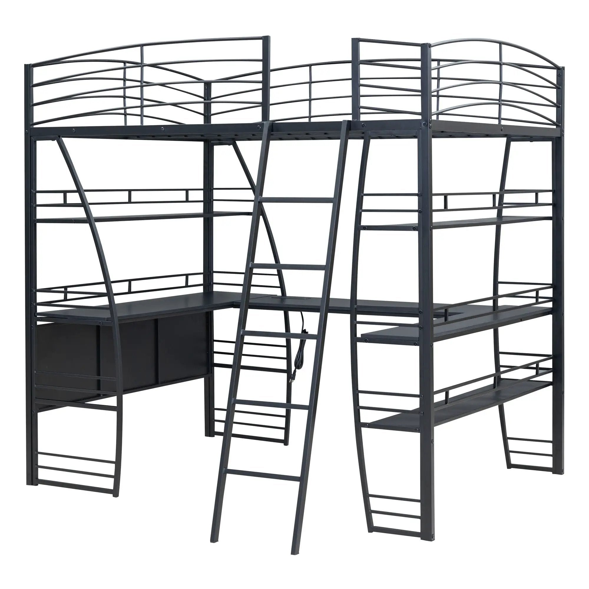 Loft Bed With 4 Layers Of Shelves And L-Shaped Desk, Stylish Metal Frame Bed With A Set Of Sockets, USB Ports And And Wireless Charging by Unique Piece Furniture
