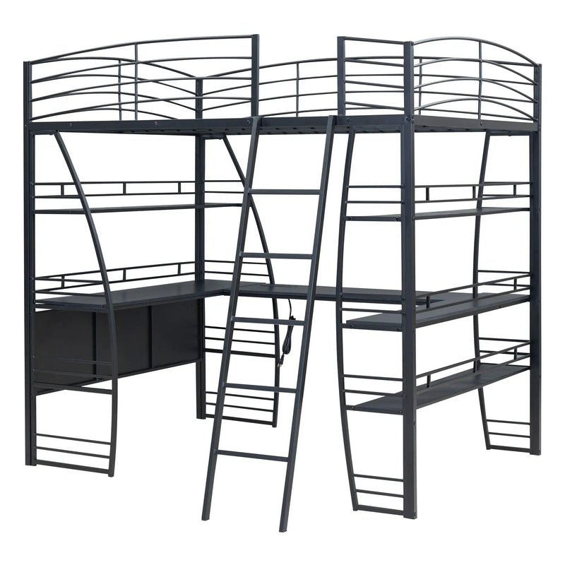 Loft Bed With 4 Layers Of Shelves And L-Shaped Desk, Stylish Metal Frame Bed With A Set Of Sockets, USB Ports And And Wireless Charging by HouseOfZazla