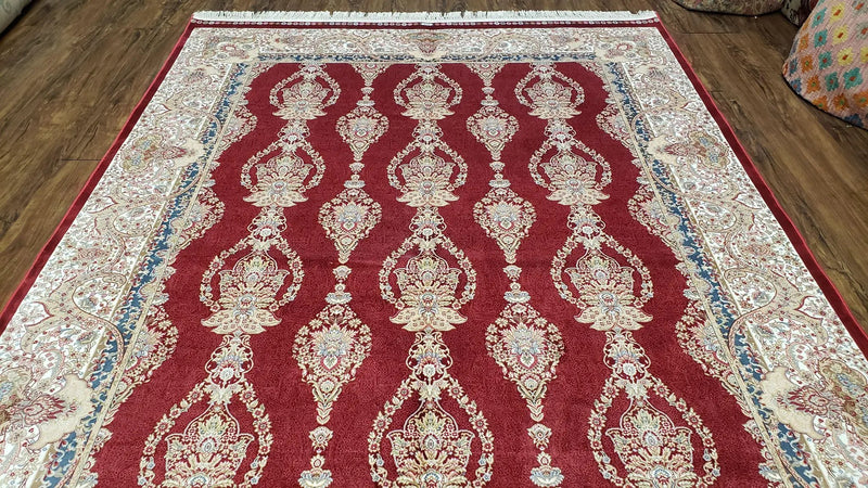 Dark Red Silk Carpet 5.3 x 7.6 ft, 5x8 Silk Rug, New Turkish Silk Carpet, Mint Condition, Beige & Red Area Rug, Bamboo Silk, High Quality by Jewel Rugs
