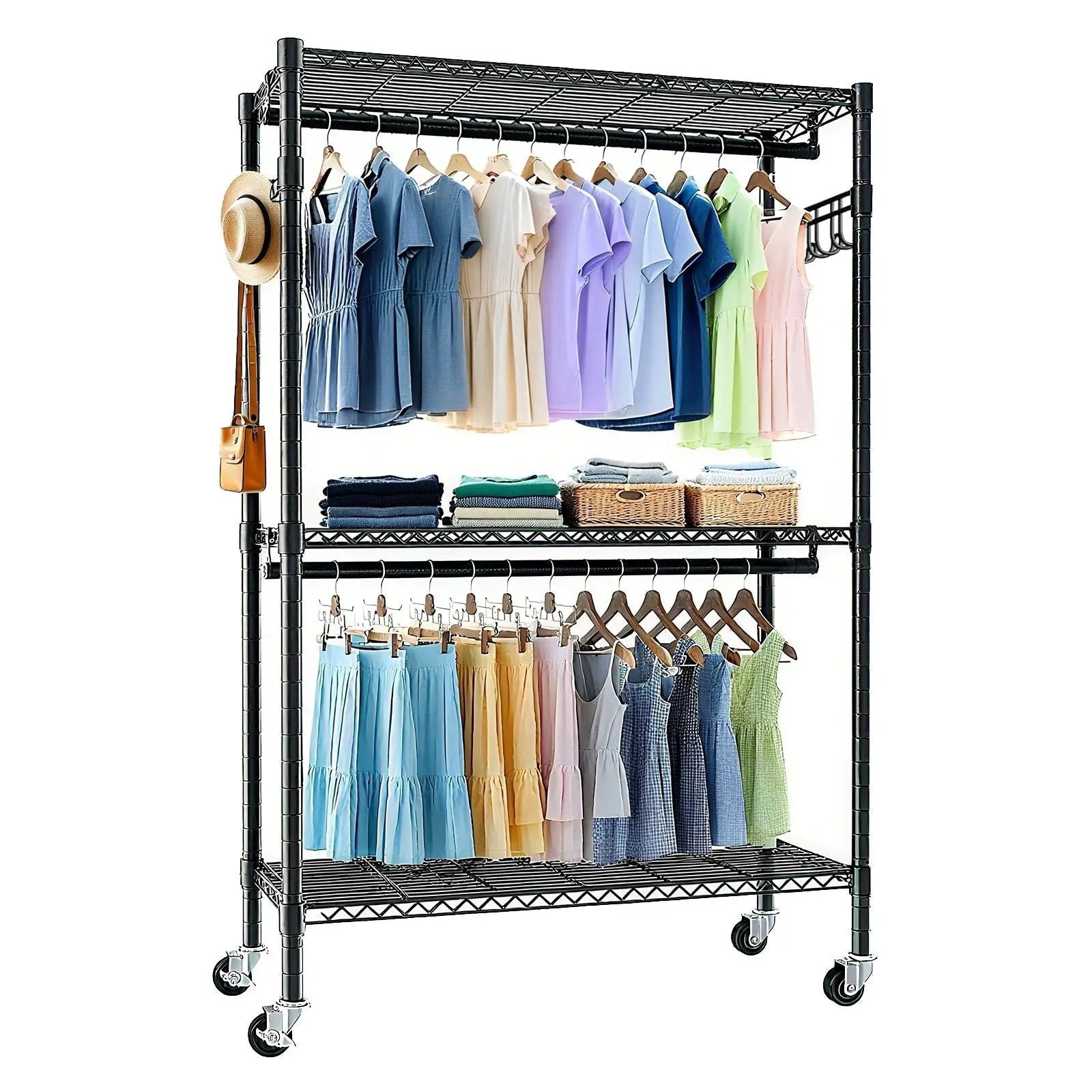 Heavy Duty Rolling Clothes Rack With 3 Tier Shelves, 2 Rails & Side Hooks by HouseOfZazla