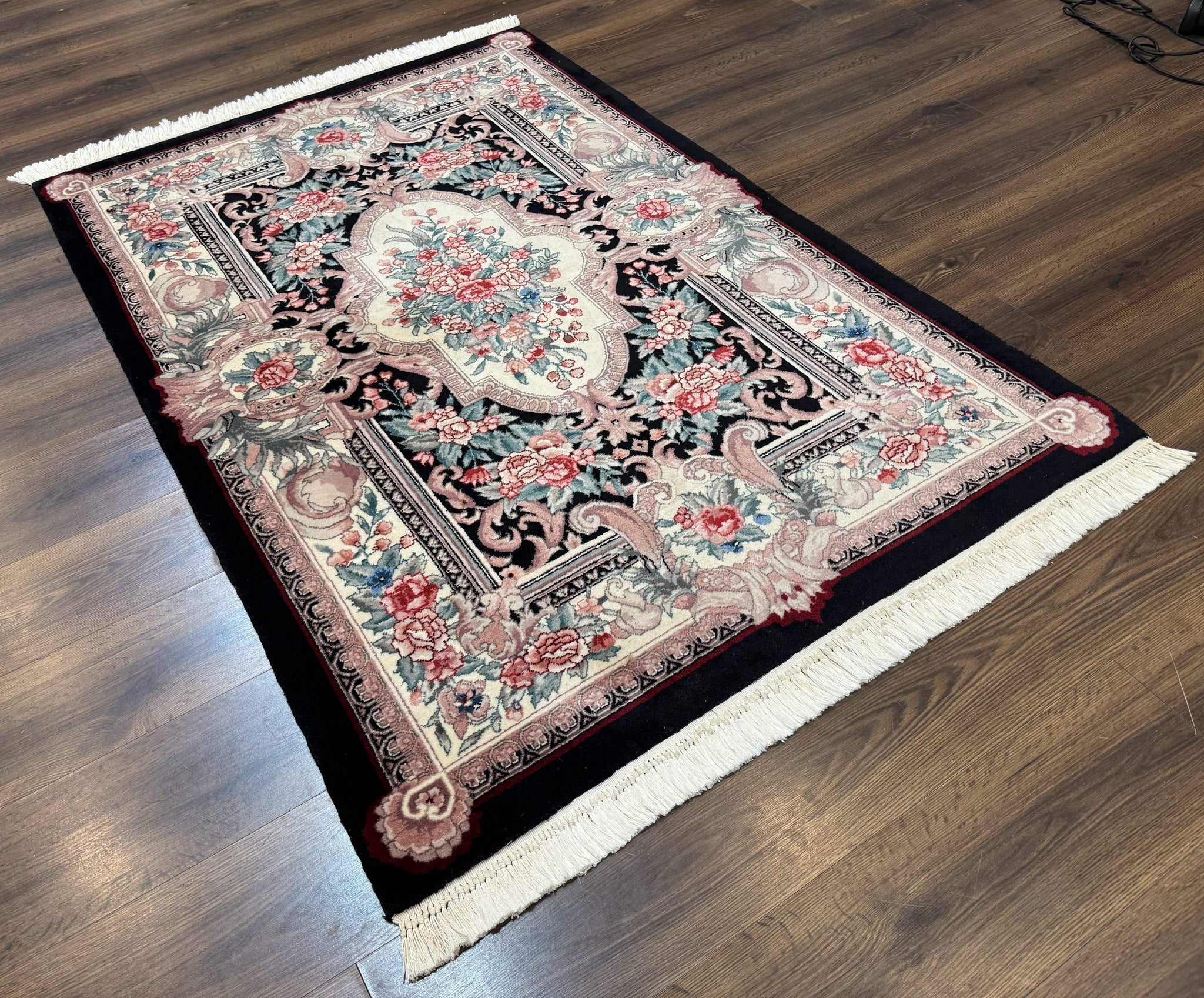 Aubusson Rug 4x6, Elegant European Floral Design, Black and Ivory, Fine 200 KPSI by Jewel Rugs
