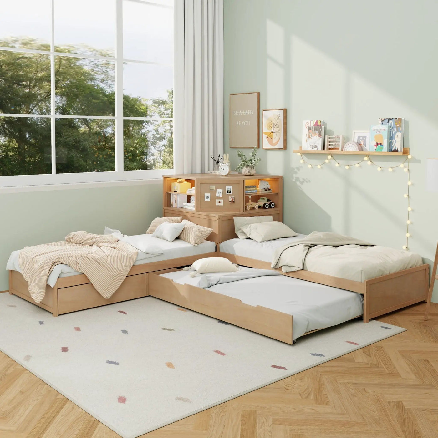 L-Shaped Bed Frame With Trundle, Built In Desk & LED Lighting by HouseOfZazla