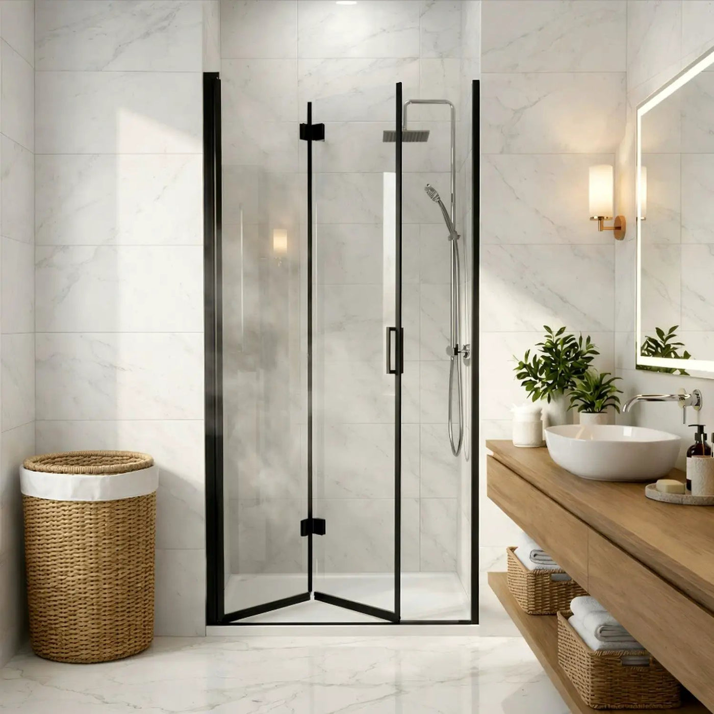 Semi Frameless Bifold Pivot Shower Door, Reversible Installation by HouseOfZazla