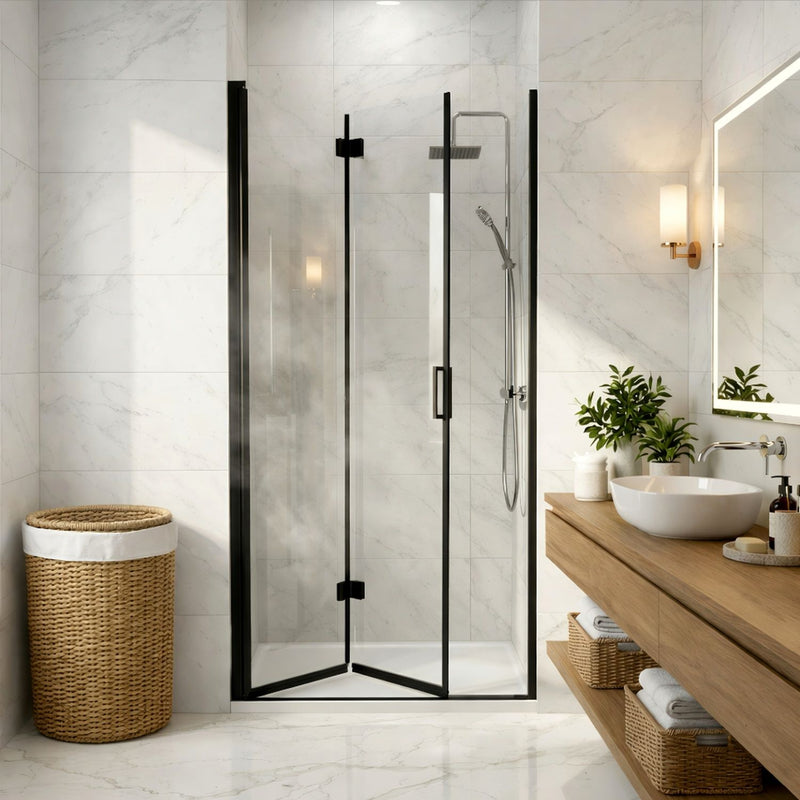 Semi Frameless Bifold Pivot Shower Door, Reversible Installation by HouseOfZazla