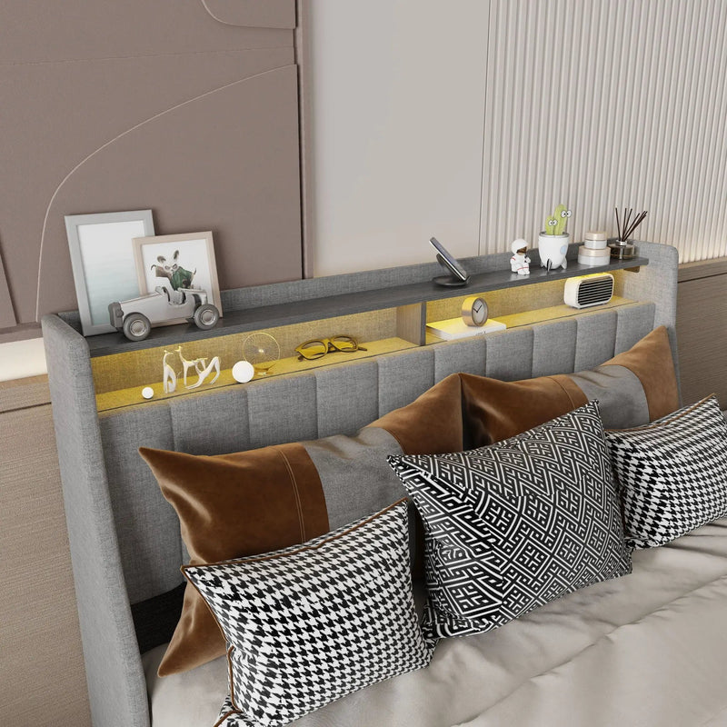 Queen Size Bed Frame With LED Lighting, Winged Headboard With Storage Drawers - Light Gray by HouseOfZazla