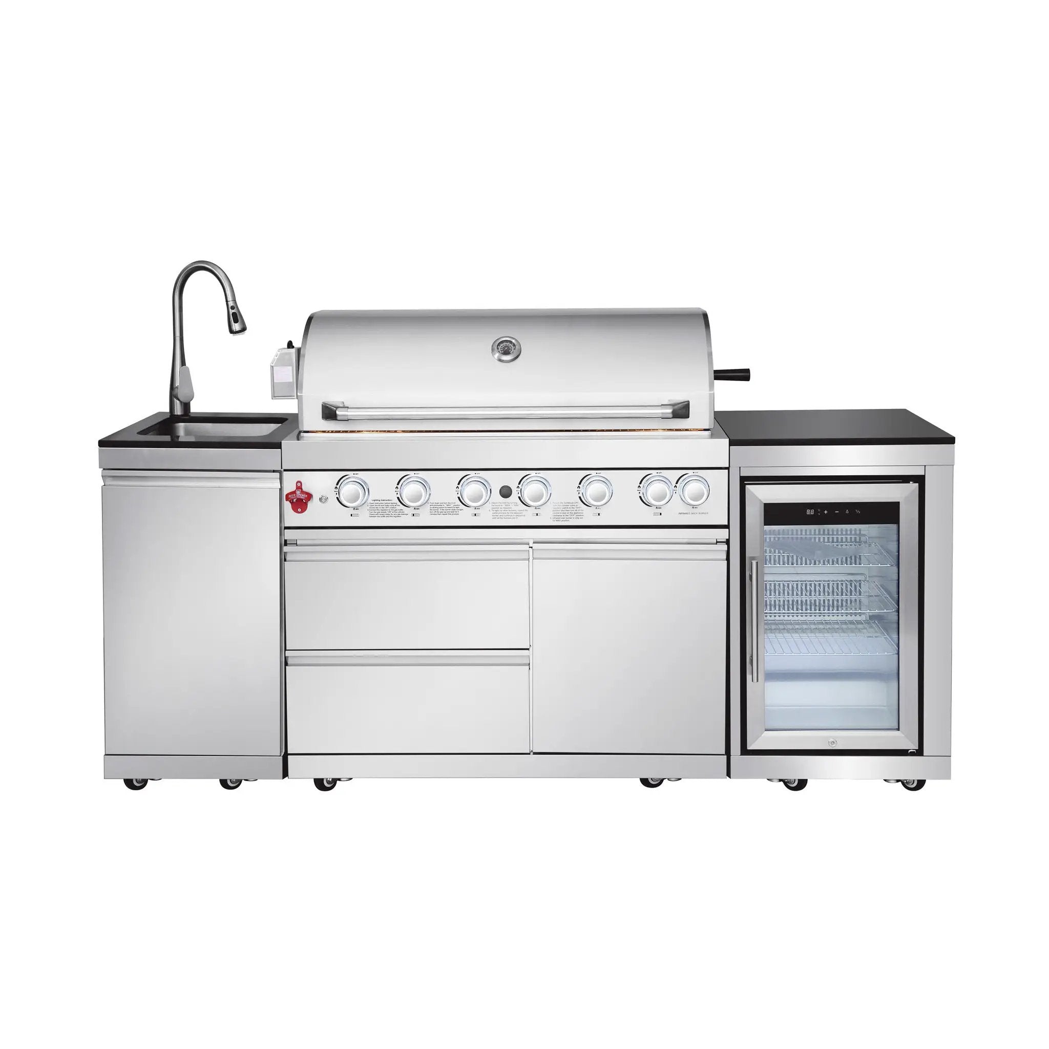 82.5" 6-Burner 83,500 BTU Silver Outdoor Kitchen Island Grill +Sink + Refrigerator by Chery Industrial