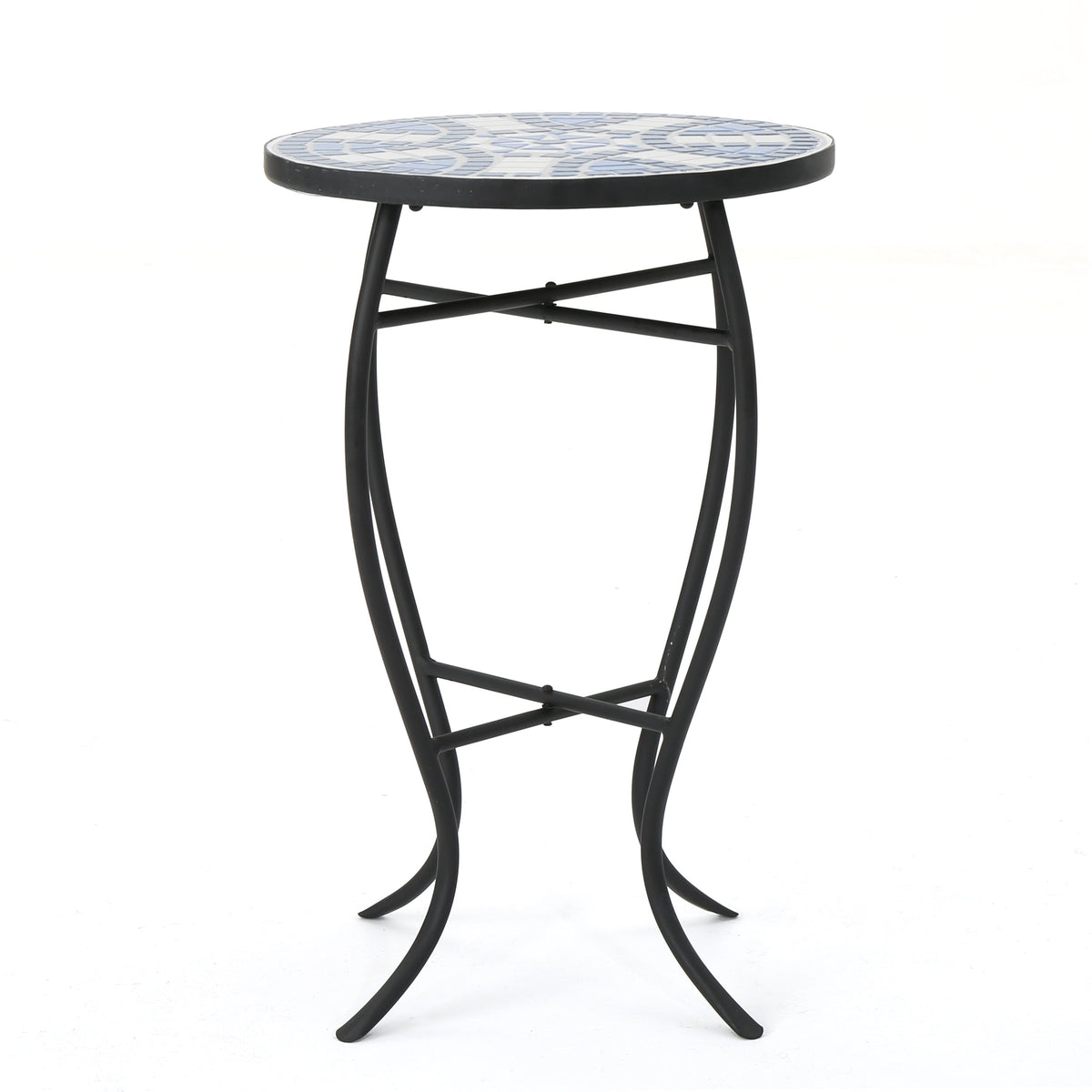 Outdoor Round Side Table with Mosaic-Style Top - White+Blue, photo 3 of 10