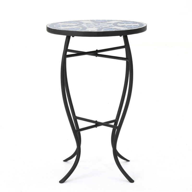 Outdoor Round Side Table with Mosaic-Style Top - White+Blue, photo 3 of 10