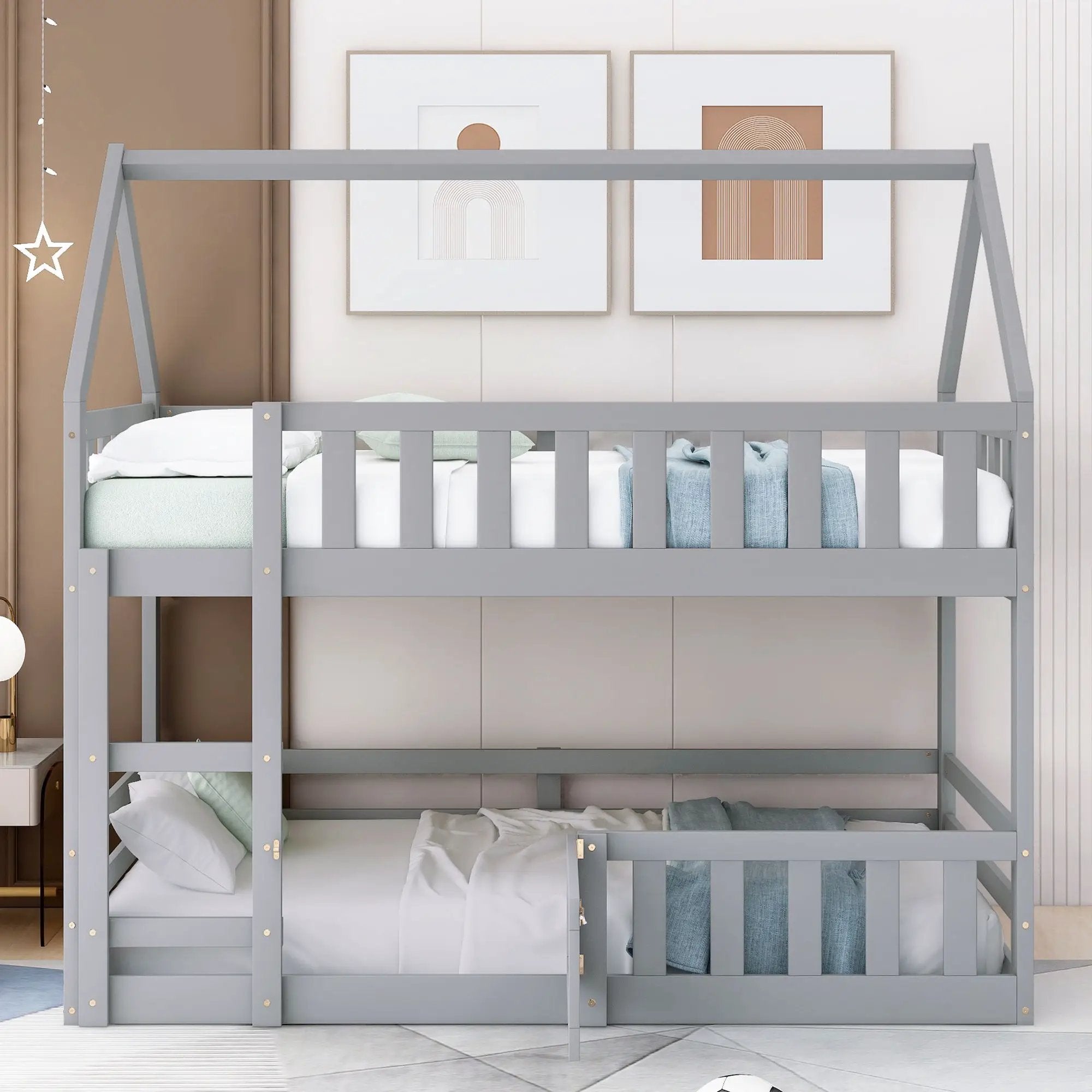 Twin Over Twin House Bunk Bed With Fence And Door by HouseOfZazla