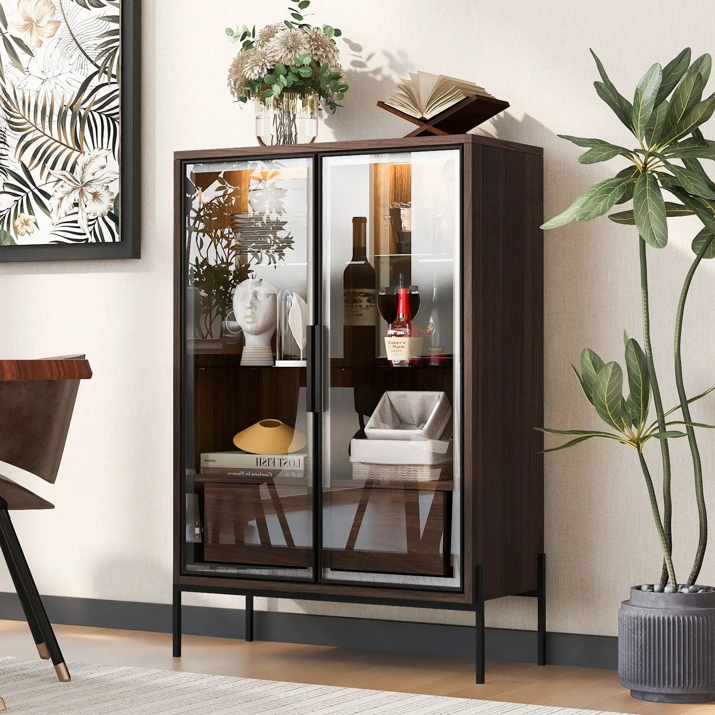 Modern Minimalist Style LED Curio Cabinet With Tempered Glass Door, Metal Legs by HouseOfZazla
