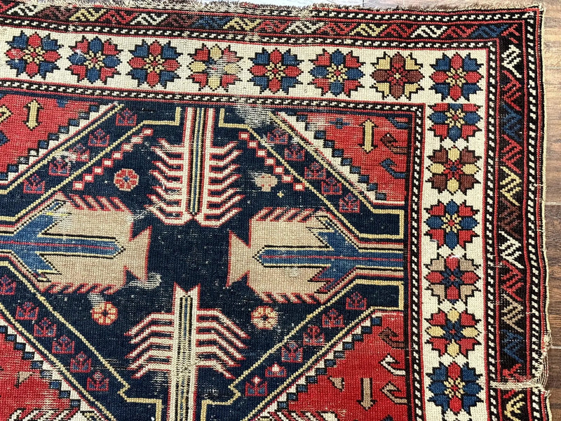 Antique Shirvan Caucasian Rug 3x5, Geometric Pattern, Red Navy Blue Beige by Jewel Rugs