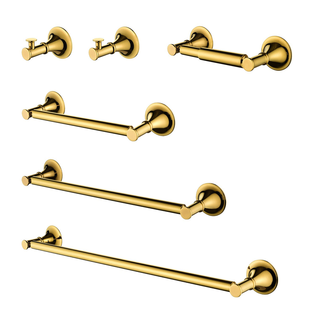 6 Piece Bathroom Accessories Set with Brass Construction - Gold, Matte Black, Brushed Gold