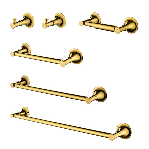 6 Piece Bathroom Accessories Set with Brass Construction - Gold, Matte Black, Brushed Gold