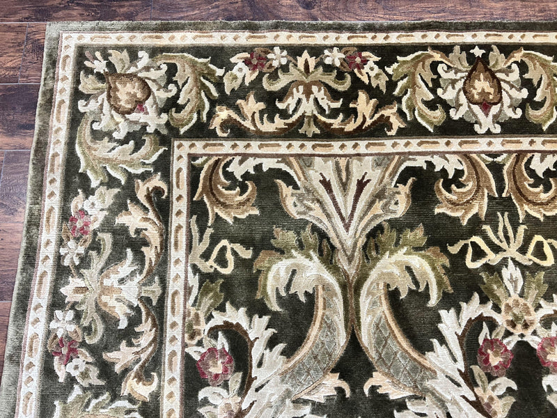 Tibetan Rug 8x10, European Design, Floral, Green, Handmade, Wool, Nepali Rug by Jewel Rugs
