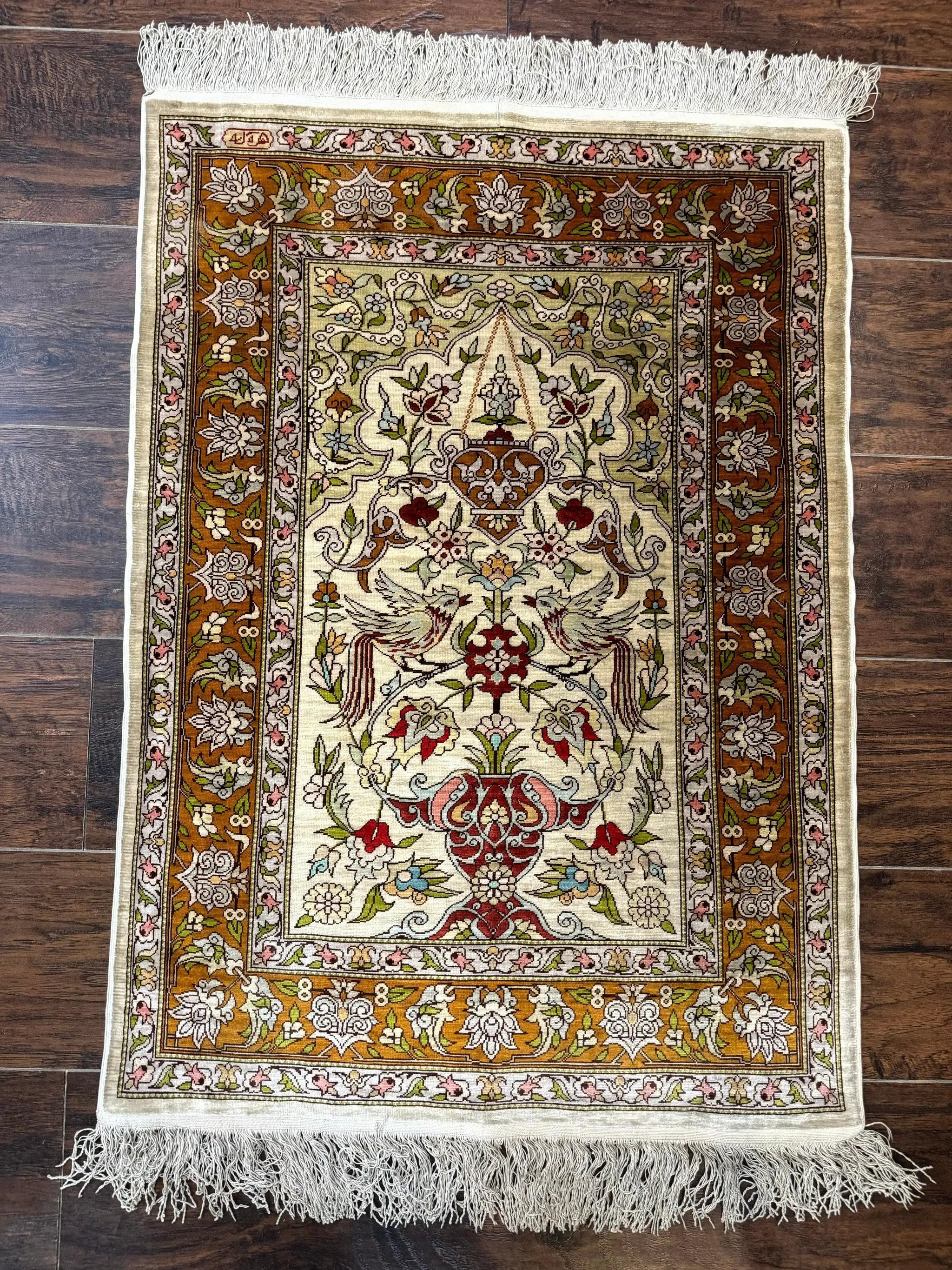 Silk Turkish Hereke Rug 2x3, Birds Lantern Very Fine 400 KPSI, Signed by Masterweaver, Wonderful, Rare, Small Hereke Rug by Jewel Rugs
