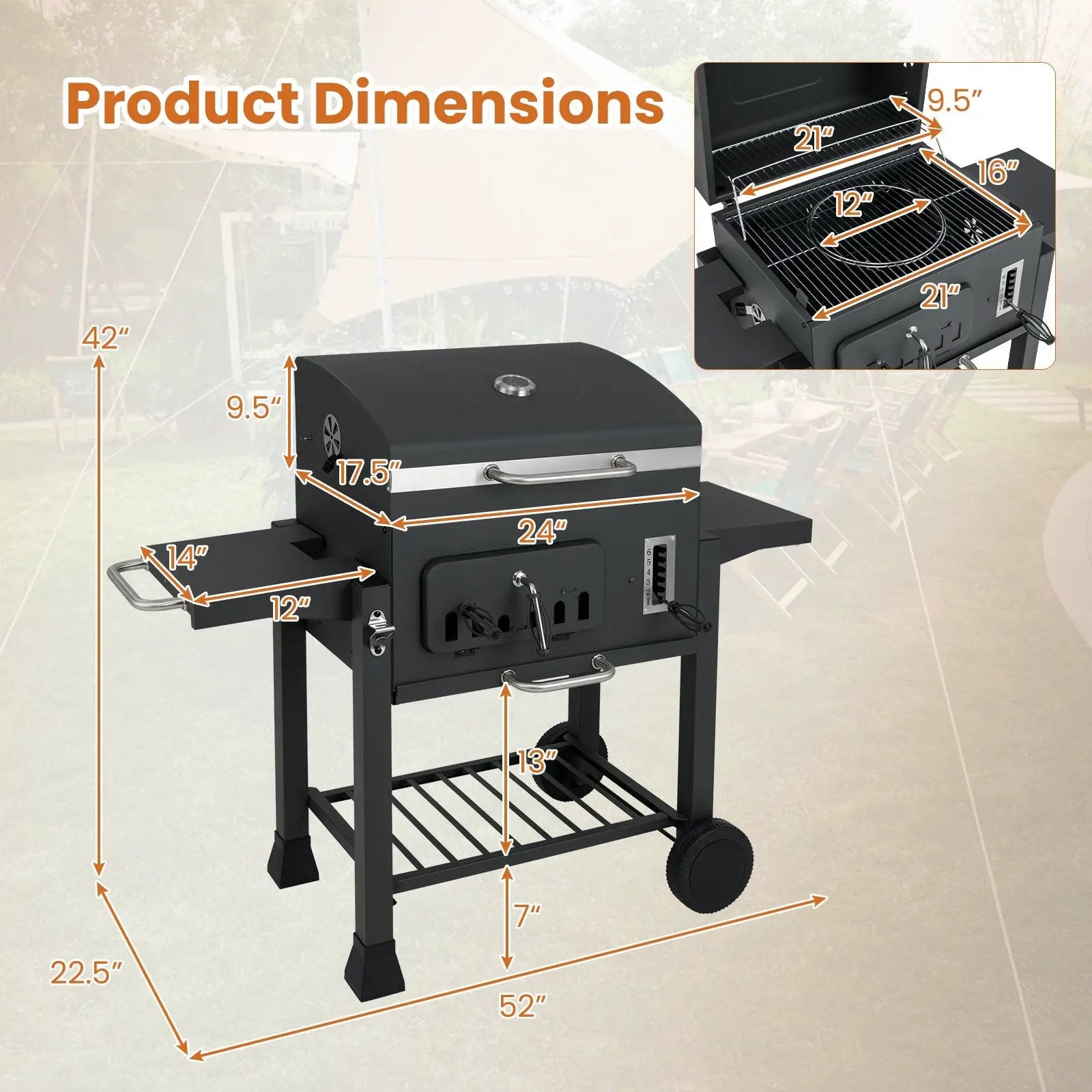 24-Inch Barrel Charcoal Grill with 2 Folding Side Tables and 544 sq.in Cooking Area by DirectDeals