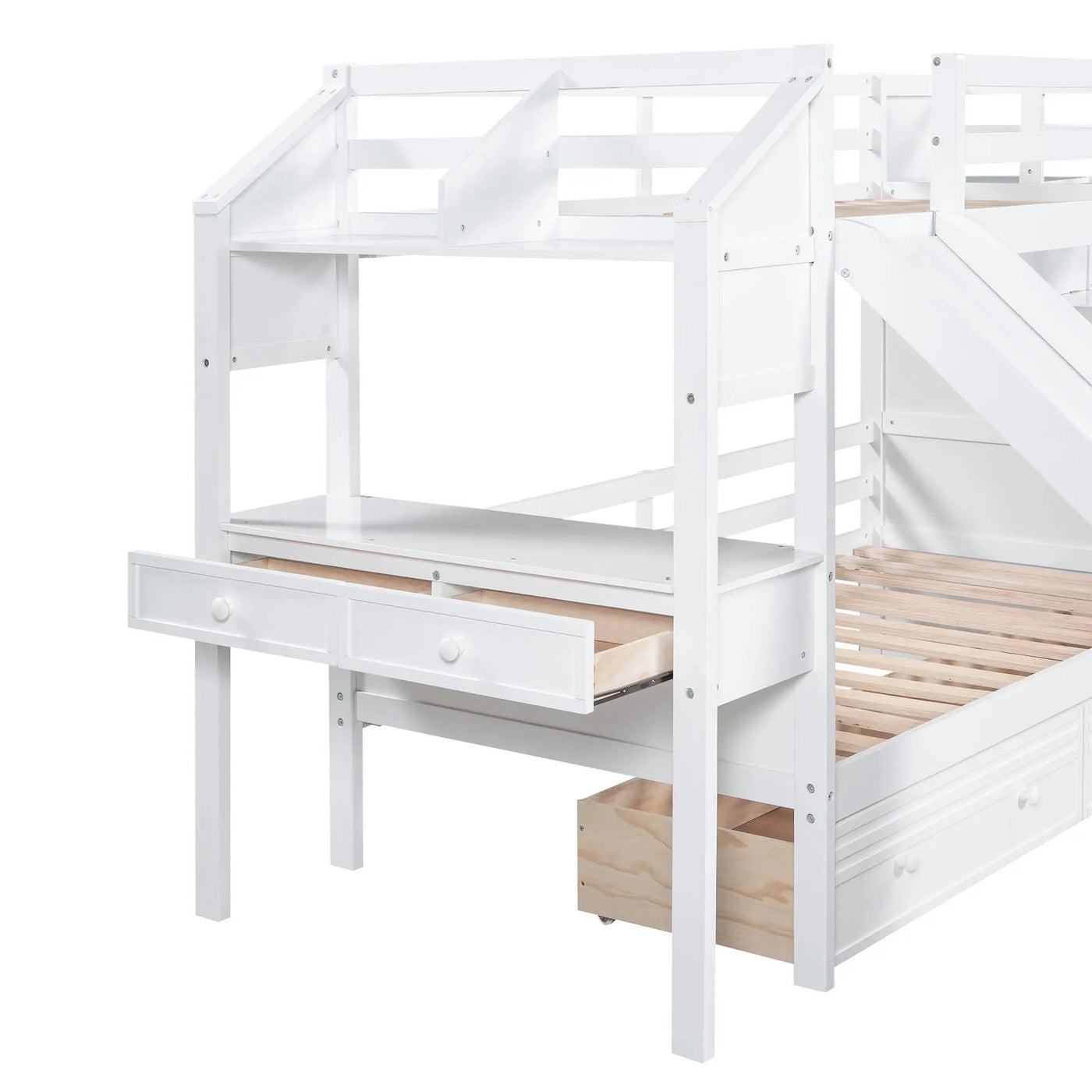 Bunk Bed With Storage Staircase, Slide, Desk, Drawers, And Shelves by HouseOfZazla