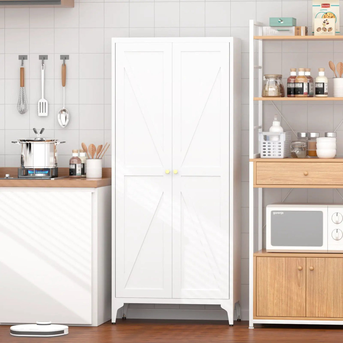 Adjustable 2 Door Kitchen Pantry Cabinet With Striped Design by Unique Piece Furniture