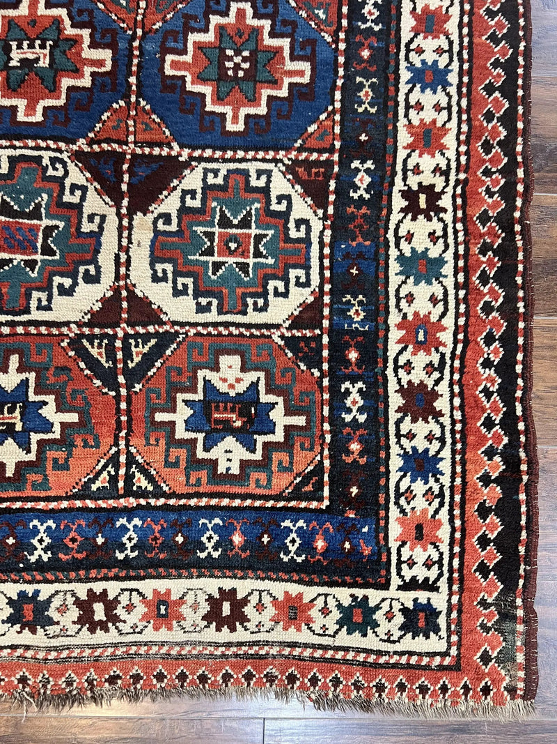 Antique Caucasian Kazak Runner Rug 4 x 9.5, Handmade Wool Rug for Hallway, Rare Colorful Panel Design Mid 19th Century 1870s Oriental Carpet by Jewel Rugs