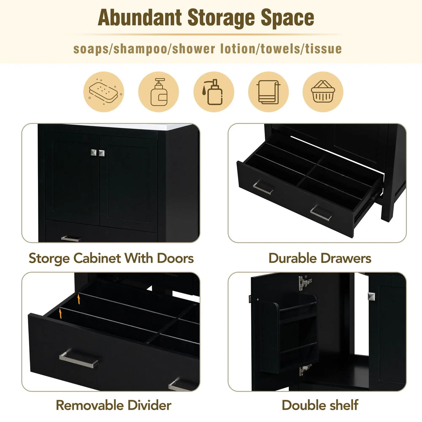Bathroom Vanity With Single Sink, Combo Cabinet Undermount Sink, Bathroom Storage Cabinet With Two Doors And A Drawer, Soft Closing, Multifunctional Storage, Solid Wood Frame by Unique Piece Furniture