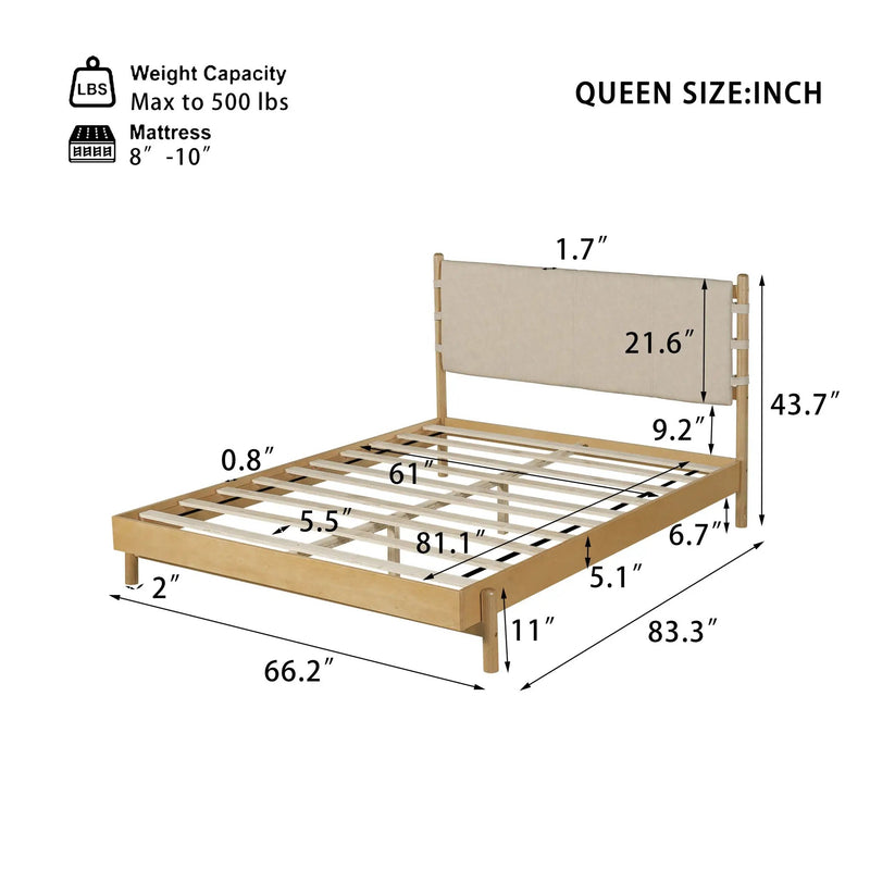 Premium Rubber Wood Platform Bed Frame, Queen Size with Headboard by HouseOfZazla