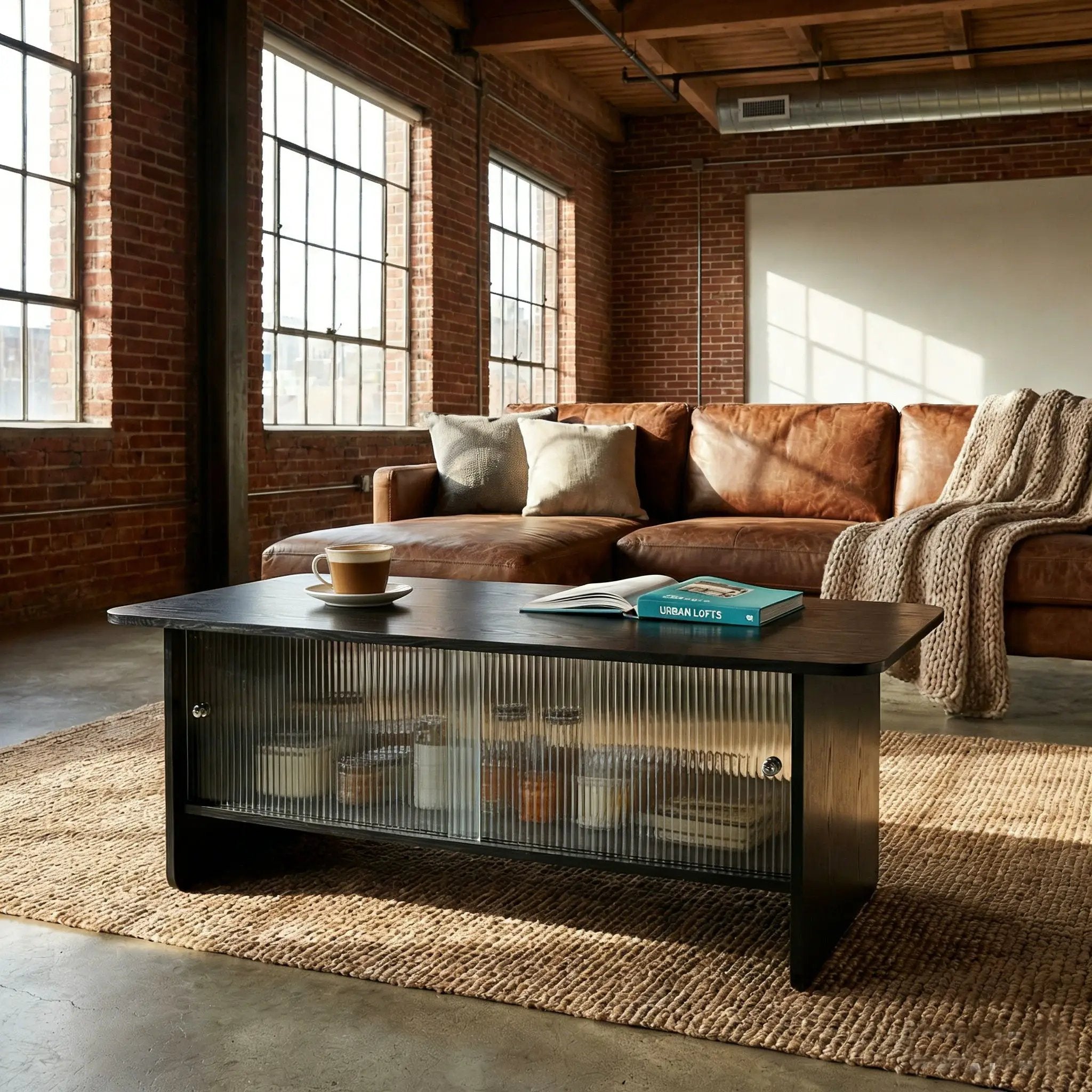 Rectangular Coffee Table With Sliding Door Storage Center