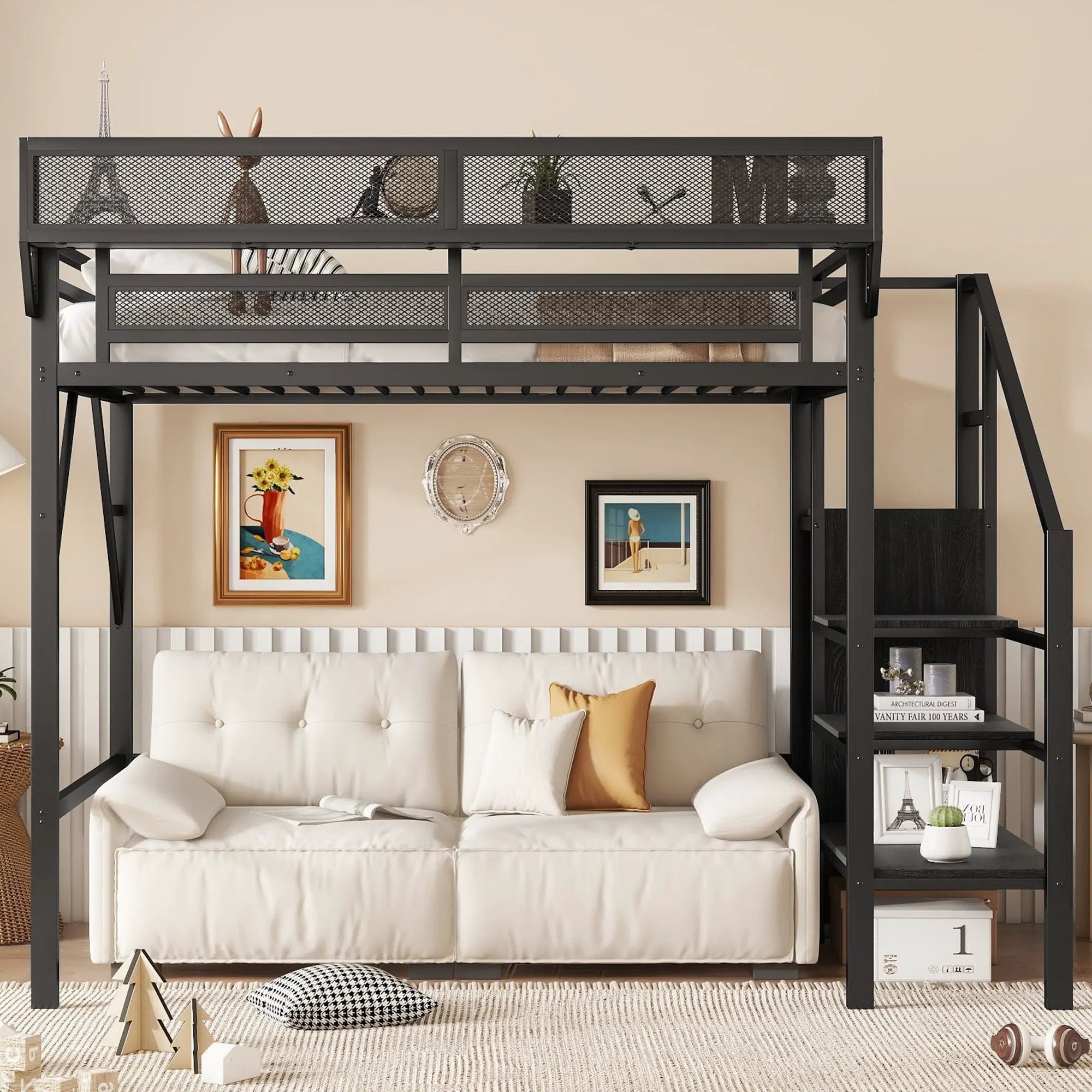 Twin Size Loft Bed with Stairs, Metal Full Loft Bed with Storage Shelves by HouseOfZazla
