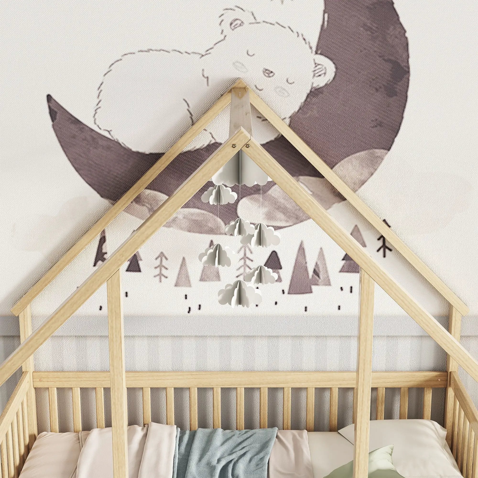 Wood House-Shaped Floor Bed With Fence, Guardrails by Unique Piece Furniture