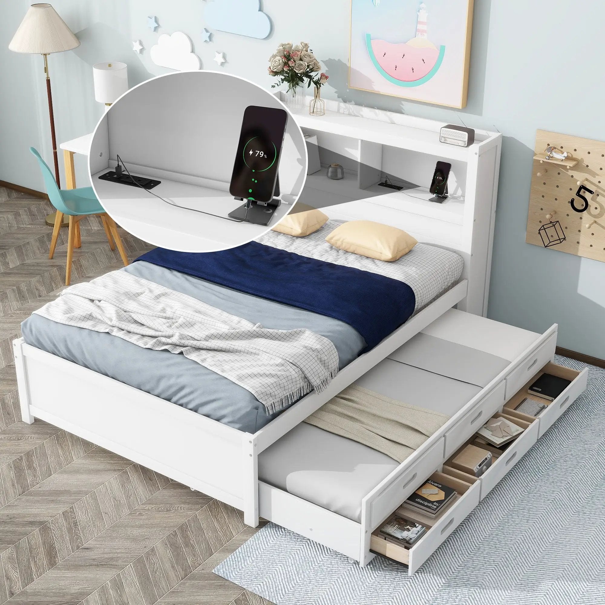 Full Size Platform Bed With Trundle, Drawers, USB Ports And Built In Shelves - White by Unique Piece Furniture