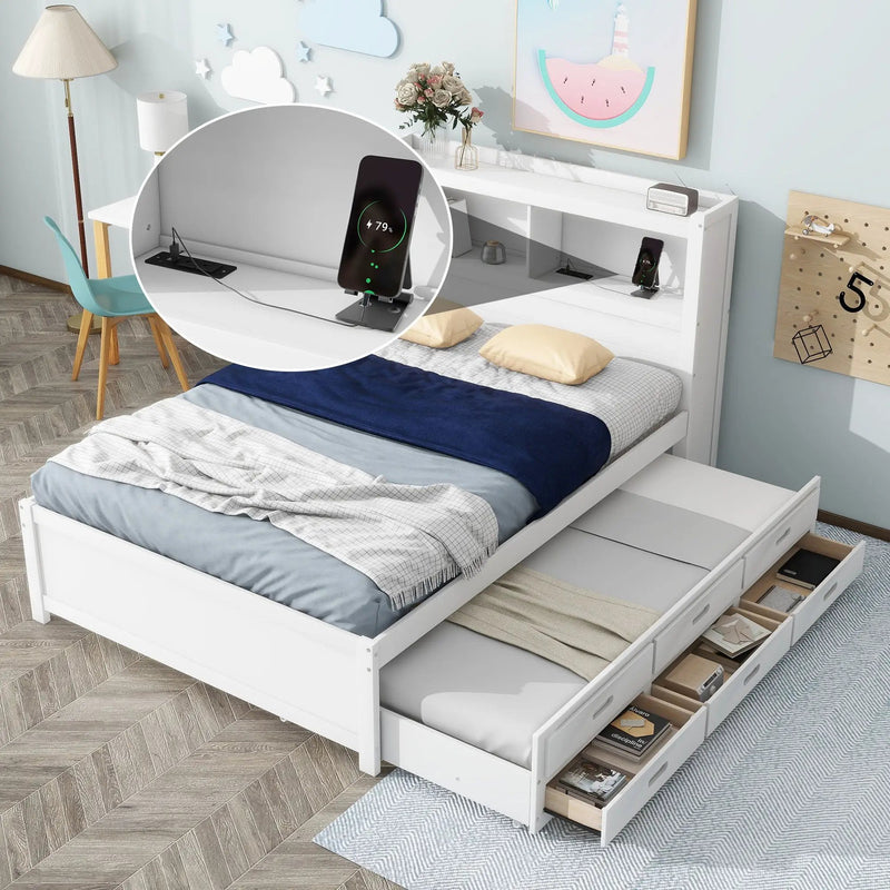 Full Size Platform Bed With Trundle, Drawers, USB Ports And Built In Shelves - White by Unique Piece Furniture