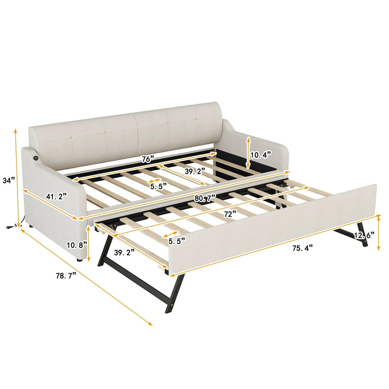 Upholstered Daybed With Trundle And USB Charging