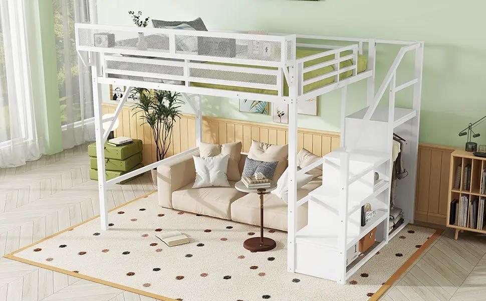 Queen Size Loft Bed with Stairs, Metal Queen Loft Bed with Storage Shelves by HouseOfZazla