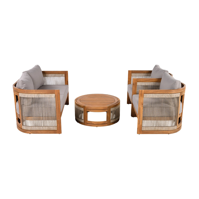4-Piece Patio Seating Group w/ 2 Chairs, Loveseat & Table Premium Acacia Wood Outdoor Furniture Set,  Curved Tub Design with Woven Rope Accents, Water-Resistant Cushions, All-Weather Slat Construction, photo 2 of 10