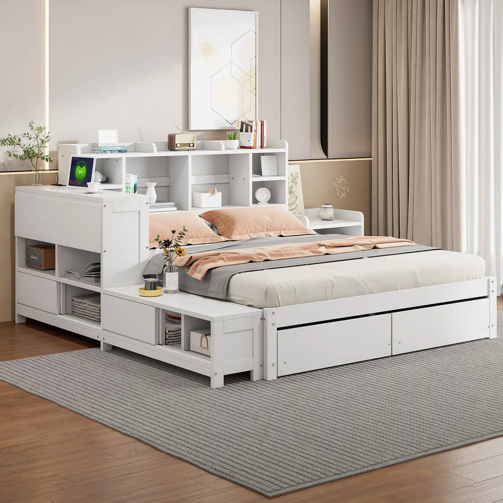 Platform Bed With Multi Functional Storage Space, Nightstand, 2 Drawers, USB Ports And Desk by HouseOfZazla
