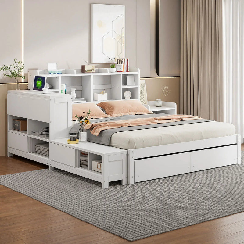 Platform Bed With Multi Functional Storage Space, Nightstand, 2 Drawers, USB Ports And Desk by HouseOfZazla