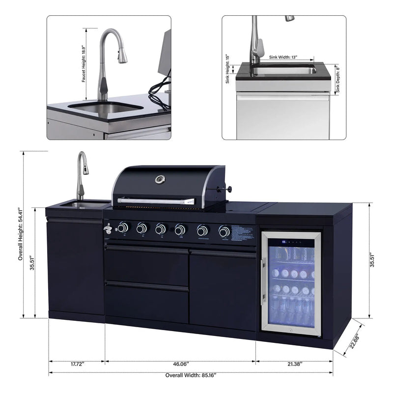 85.2" 4+1 Burner 71,500 BTU Black Outdoor Kitchen Island Grill+ Sink + Refrigerator by Chery Industrial