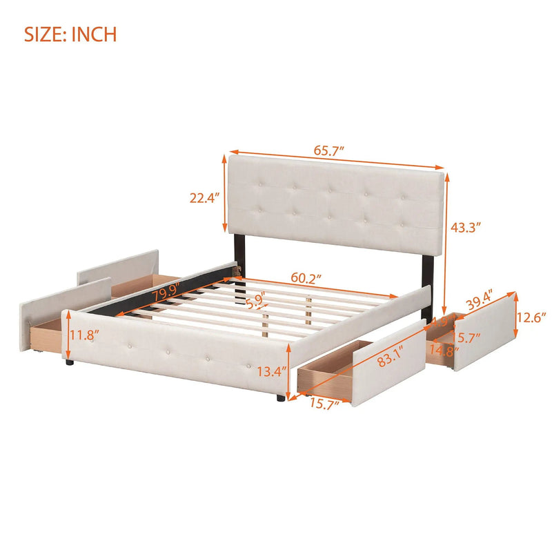 Upholstered Platform Bed With Classic Headboard And Drawers, No Box Spring Needed by Unique Piece Furniture