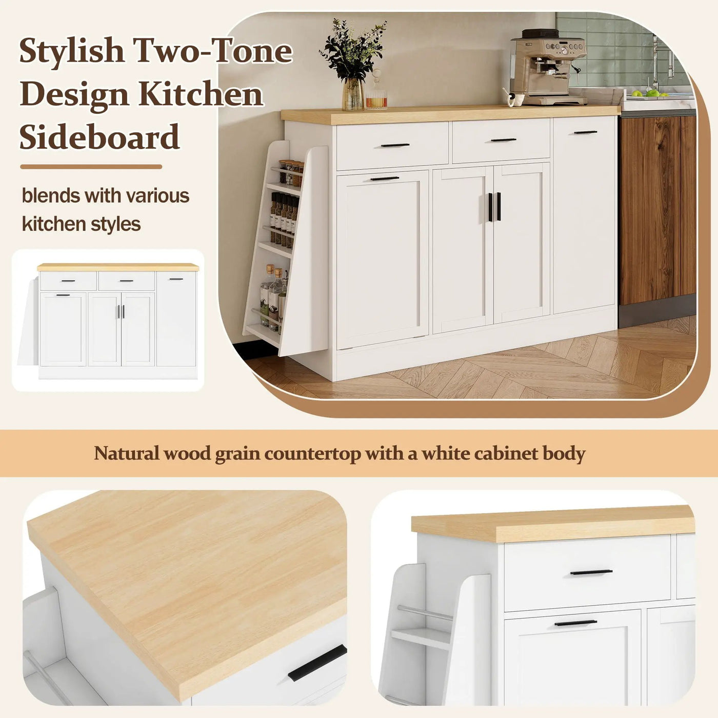 Kitchen Sideboard With Sliding Door Cabinet, 3 Tier Spice Rack by HouseOfZazla