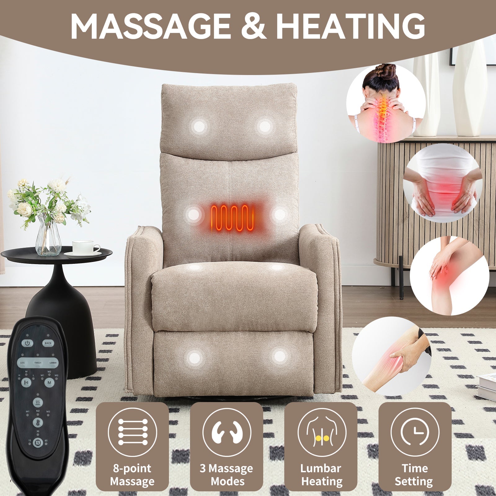 Heat Massage Manual Recliner Chair with Rocker and Swivel in Khaki by HouseOfZazla