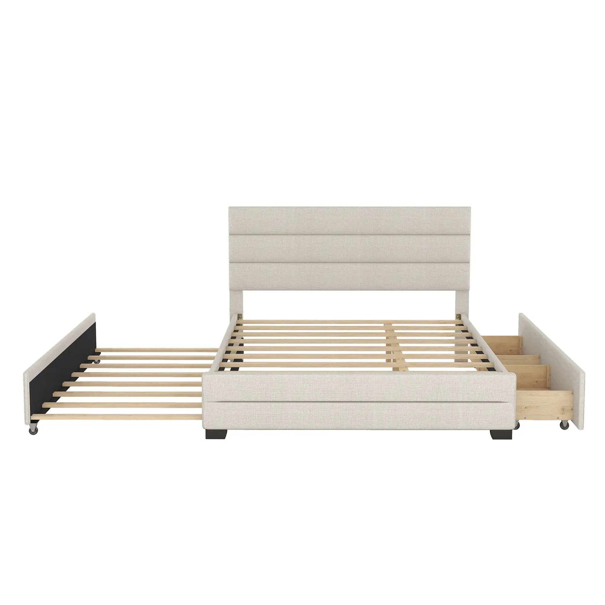 Queen Platform Bed With Twin Trundle And 2 Storage Drawers - Beige by HouseOfZazla